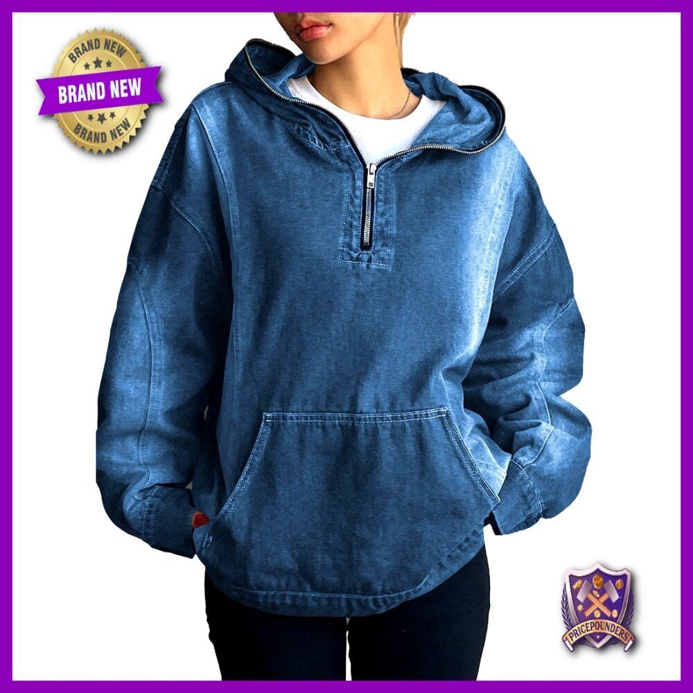 Half Zip Denim Hoodie Pullover Sweatshirt Loose Fit Casual Chic Y2K